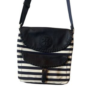 Tory Burch Navy White Striped Crossbody Bag nautical purse nylon leather handbag